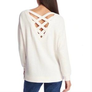NWT $69 1. STATE Lattice V-Back Waffle Weave Pullover Sweater in Soft Ecru - M!